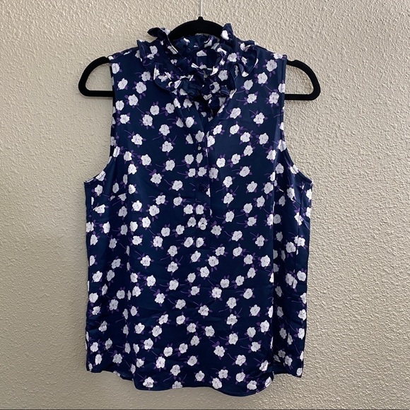 𝅺J. Crew Navy Violet Ruffleneck Sleeveless Top In Scattered Peony Print sz S - Picture 1 of 9